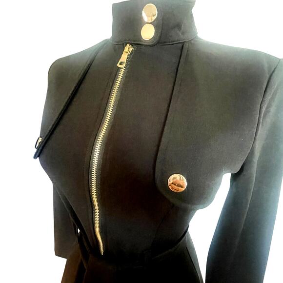 Main Strip Black Zip-Front Belted Dress Moto/Military Fit & Flare Size S - Picture 5 of 14